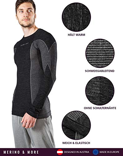 Merino & More Merino Ski Underwear Para Hombres - Ropa Interior Funcional Premium hecha de Lana Merino - Manga Larga - Camiseta Funcional Tamaño Negro-Gris M