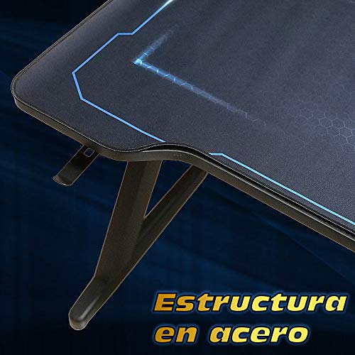 Mesa Gaming, 140cm x 60cm, Gaming Desk, Mesa para Ordenador Consola PS5, Xbox Series, Patas de Acero, RGB LED, Base de Alfombrilla, Parrilla para Recoger Cables