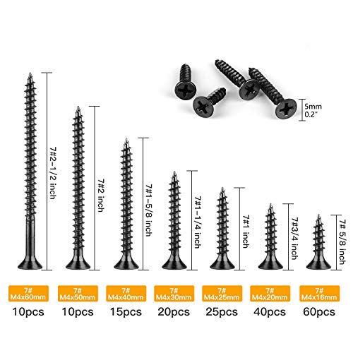 MIAHART 180 piezas M4 Surtido de tornillos para madera negra Punta de arpa de rosca gruesa Tornillos autorroscantes 7 Tamaños Tornillos para paneles de yeso para placas de yeso para paneles de yeso