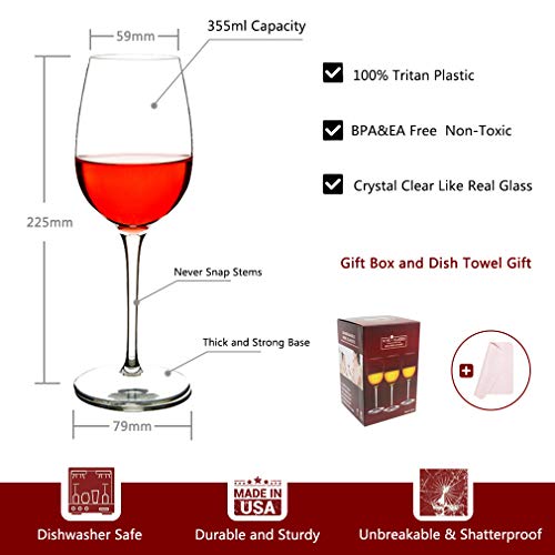 MICHLEY Irrompible Copas de Vino Tinto, 100% Tritan-plástico Copas Vino Cristal, 355 ML BPA y EA Gratis Vaso de Vino Conjunto de 4