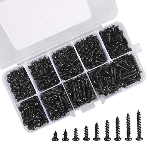 Micro Tornillos de cabeza Phillips M3 Kit de mini tornillos de madera electrónicos autorroscantes de cabeza redonda con caja de compartimiento, paquete de 450 (negro)