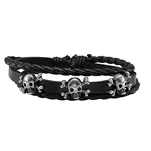 Milakoo Pulsera de cuero trenzado negro para hombres y mujeres, pulsera de cráneo punk, Madera Cáñamo Cuero, Sin piedras preciosas