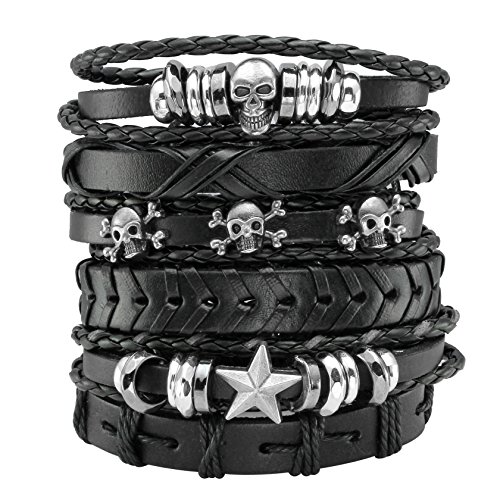 Milakoo Pulsera de cuero trenzado negro para hombres y mujeres, pulsera de cráneo punk, Madera Cáñamo Cuero, Sin piedras preciosas