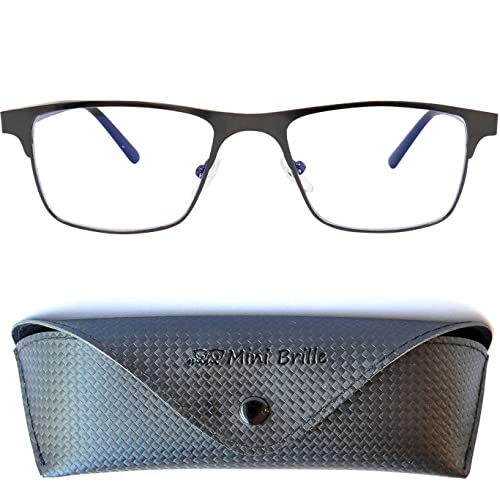 Mini Brille Elegantes Gafas con Filtro de Luz Azul sin Graduar con Lentes Rectangulares, Funda GRATIS, Montura Cuadradas de Acero Inoxidable (Grafito), Gafas para Ordenador Hombre y Mujer