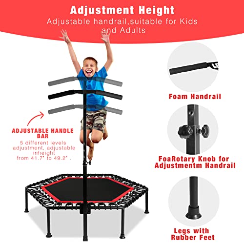 Mini trampolín 50'' trampolín de fitness con asa ajustable, rebote de trampolín para niños y adultos, adecuado para interiores y exteriores, carga máxima de 350 libras (negro rojo)