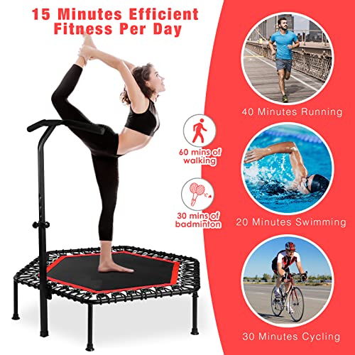 Mini trampolín 50'' trampolín de fitness con asa ajustable, rebote de trampolín para niños y adultos, adecuado para interiores y exteriores, carga máxima de 350 libras (negro rojo)