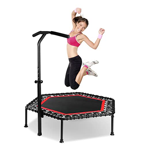 Mini trampolín 50'' trampolín de fitness con asa ajustable, rebote de trampolín para niños y adultos, adecuado para interiores y exteriores, carga máxima de 350 libras (negro rojo)