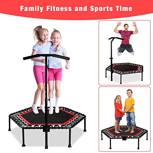 Mini trampolín 50'' trampolín de fitness con asa ajustable, rebote de trampolín para niños y adultos, adecuado para interiores y exteriores, carga máxima de 350 libras (negro rojo)