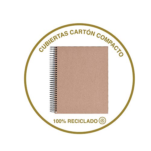 Miquelrius - Cuaderno Libreta Notebook 100% Reciclado, 1 Franja de Color, A4, 80 Hojas Cuadriculadas 5 mm, Papel 80 g, 4 Taladros, Cubierta de Cartón Reciclado, Diseño Ecomaps