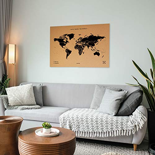 Miss Wood Map XL - Mapa del mundo de corcho, 60 x 90 cm, Negro