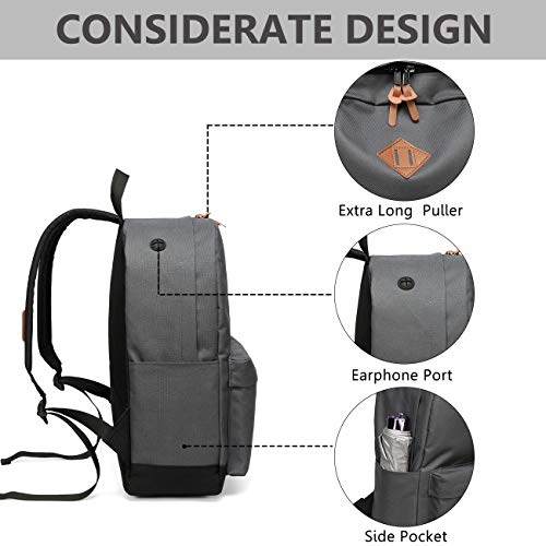 Mochila Hombre, Kasgo Mochilas Escolares Mochila Mujer Livianas Impermeable Mochila Portatil Adapta a 14 Pulgadas Clásico Mochila Casual Adolescente para Universidad Escuela Colegio Gris y Negro