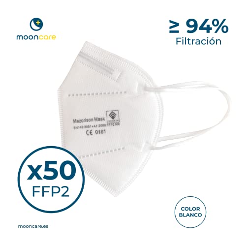 Mooncare Mascarillas FFP2 Oreja, Mascarilla Certificada/Homologada [NR], Eficacia Filtración > 94%, Norma EN149:2001+A1:2009, No Grafeno, (50, Blanco)