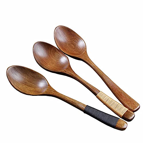 MoonyLI Cucharas de madera de 19 cm para comer, cucharas soperas de madera natural, cucharas con mango largo, respetuosas con el medio ambiente, antiadherentes, 3 unidades