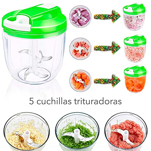 MovilCom® - Cortador de Verduras | Picadora Manual de Alimentos | trituradora de Alimentos para Verduras, Carne, Cebolla, ajo, Ensalada | Picadora Manual con Cuerda | 900ml