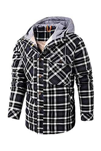 Mr.Stream Hooded Checked Hombres Casual Manga Larga de Franela a Cuadros botón Forrado botón Forrado de Camisa Sherp Hoodie Large Grey