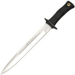 MUELA - SCORPION-26W. Cuchillo de Caza rematador Muela. Mango de Politetrafluoroetileno negro. Funda de cuero. Herramienta para Caza, Pesca, Camping, Outdoor, Supervivencia y Bushcraft