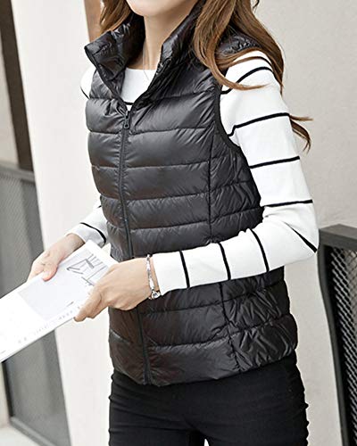 Mujer Corto Chaleco de Invierno Ultraligero Chaqueta Plumifero sin Mangas Plegable Chaleco de Plumón Cremallera Cálido Abrigos Plumas Compresible Chalecos Acolchado Exteriores Down Vest Negro XXL