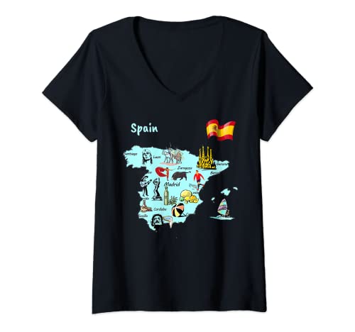 Mujer mapa turístico de España, lugares de interés, principales ciudades, bandera, Europa Camiseta Cuello V