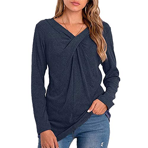 Mujeres Casual Cuello en V Nudo Cruzado pulóver Color sólido Suelta cómoda Camisa Blusa de Manga Larga (Azul, L)