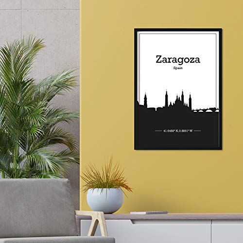 Nacnic Poster con Mapa de Zaragoza - España. Láminas con Skyline de Ciudades de Europa con Sombra Negra. Tamaño A3