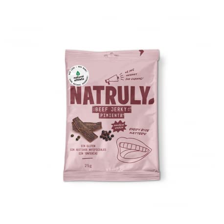 Natruly Beef Jerky Pimienta, Carne Seca 100% de Vacuno, Sin Gluten, Sin Lactosa, Sin Azúcar Refinado Añadido, Sin Aditivos Artificiales, Pack 4x25 g