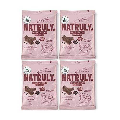 Natruly Beef Jerky Pimienta, Carne Seca 100% de Vacuno, Sin Gluten, Sin Lactosa, Sin Azúcar Refinado Añadido, Sin Aditivos Artificiales, Pack 4x25 g