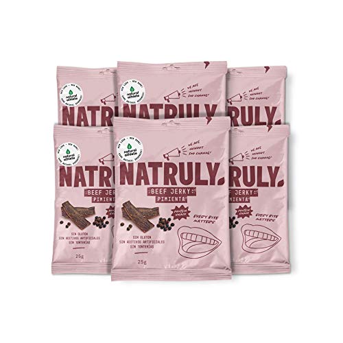 NATRULY Beef Jerky Pimienta, Carne Seca 100% Vacuno, Sin Gluten, Sin Lactosa, Sin Azúcar, Sin Aditivos Artificiales -Pack 6x25g