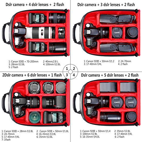 Neewer Mochila de cámara Acolchada a Prueba de choques Insertar protección Flexible para cámaras réflex Digital SLR y Lentes, Linterna, disparadores Radio y Otros Accesorios (Interior Rojo)