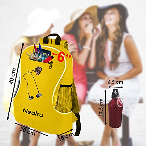 NEOKU Mochila Casual Mujer y Hombre 20L con Botella Aluminio de 400 ml de Color Verde y Boligrafo con Lapiz tactil - Mochila Pequeña / Mediana para llevar lo necesario