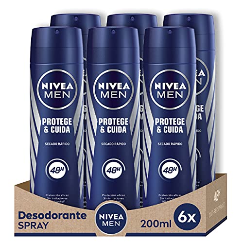 NIVEA MEN Protege & Cuida Spray en pack de 6 (6 x 200 ml), desodorante para hombre con máxima protección 48 horas, spray antitranspirante de cuidado masculino, 0% alcohol