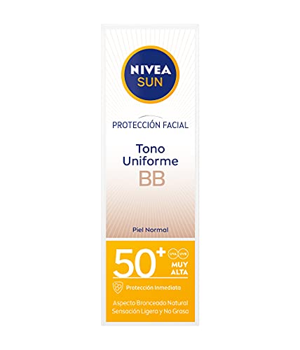 NIVEA SUN Protección Facial UV BB Anti-edad FP 50+ (1 x 50 ml), crema solar facial con 0% sensación pegajosa, crema facial antiedad, protector solar con color para un bronceado uniforme