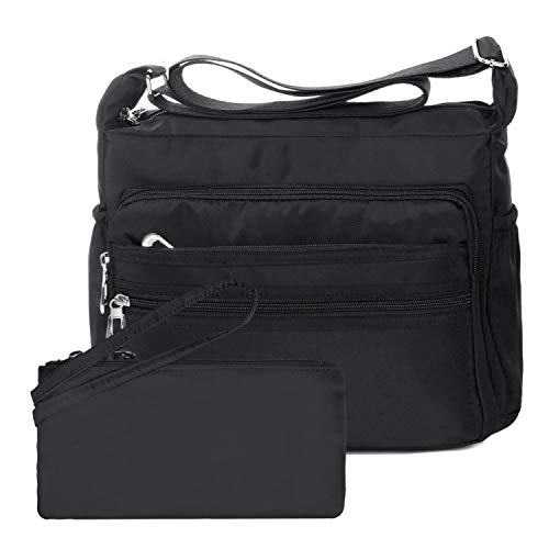 NOTAG Bolsos de Mujer, Impermeable Nylon Bolso de Hombro Multi Bolsillo Bolso Cruzado Messenger Bag con Billetera RFID (L, Negro)