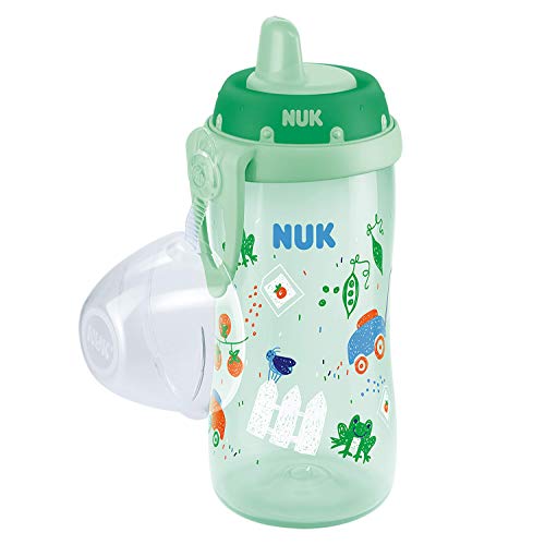 NUK First Choice Kiddy Cup - Vaso para aprender a beber (12 meses, antigoteo, boquilla resistente a mordeduras, clip y tapa protectora, 300 ml, sin BPA, color verde