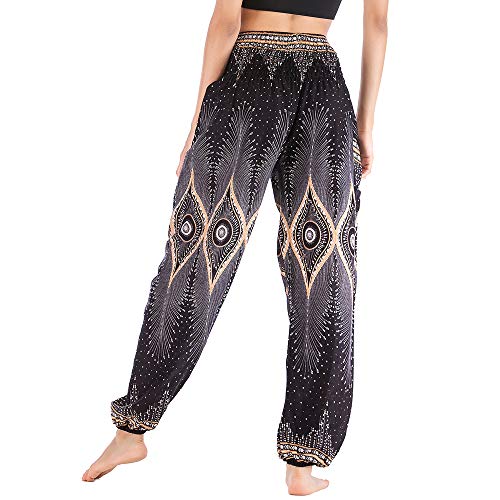 Nuofengkudu Mujer Algodón Thai Pantalones Hippies Cintura Alta con Bolsillo Boho Estampados Baggy Comodo Harem Pantalón Indios Yoga Pants Verano Playa(Verde Oscuro Ojo,Talla única)