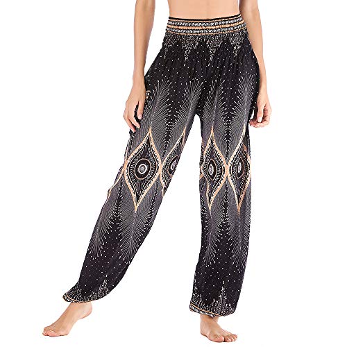 Nuofengkudu Mujer Algodón Thai Pantalones Hippies Cintura Alta con Bolsillo Boho Estampados Baggy Comodo Harem Pantalón Indios Yoga Pants Verano Playa(Verde Oscuro Ojo,Talla única)