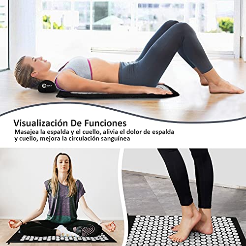 OMBAR Esterilla Acupresión Kit con Almohada para Acupuntura y Yoga, Kit de Masaje con Cojín Alivia el Dolor de Espalda y Cuello, Relaja los Músculos y Reduce el Insomnio (negro)