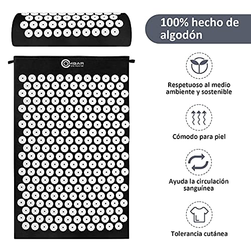 OMBAR Esterilla Acupresión Kit con Almohada para Acupuntura y Yoga, Kit de Masaje con Cojín Alivia el Dolor de Espalda y Cuello, Relaja los Músculos y Reduce el Insomnio (negro)