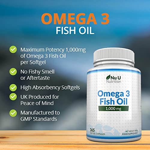 Omega 3 - Aceite de Pescado - 1000 mg - 365 Cápsulas (Suministro Anual) - Complemento alimenticio de Nu U Nutrition