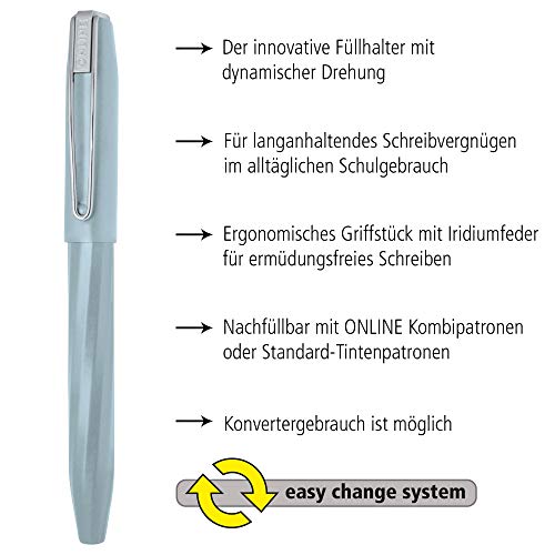 ONLINE Slope - Pluma estilográfica con punta de iridio F, para cartuchos de tinta estándar, agarre ergonómico, para diestros, para escuela y oficina, color gris claro