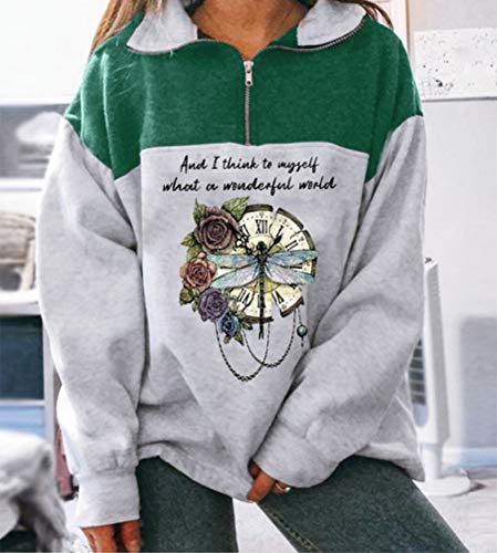 Onsoyours Sudadera para Mujer Alaska Letra Impresión Suelta Casual Manga Larga Hip Hop Alto Cuello Redondo Cremallera Águila Gráfico Jerseys Pullover Top Z6 Verde M