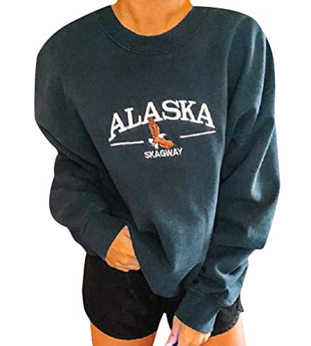 Onsoyours Sudadera para Mujer Alaska Letra Impresión Suelta Casual Manga Larga Hip Hop Alto Cuello Redondo Cremallera Águila Gráfico Jerseys Pullover Top Z8 Azul XL