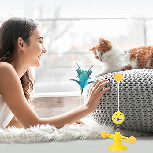 Ossky Juguete para Gato Plumas interactivos para Mascotas con Campana,Gatos Juguete Giratorio para Molino de Viento,Suministros para Gatos-Amarillo