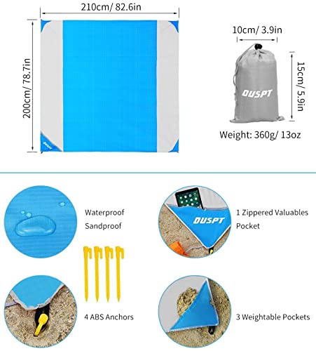 OUSPT Alfombras de Playa, Manta Picnic Impermeable 210 * 200cm Anti-Arena con 4 Estaca Fijo para la Playa, Picnic, Acampa y Otra Actividad al Aire Libre