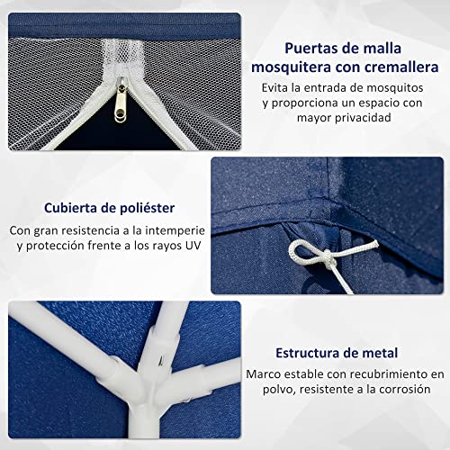 Outsunny Carpa de Jardín 3x3 m Cenador con 4 Partes Laterales Mosquitera con Cremallera Protección UV para Patio Exterior Eventos Fiesta Azul