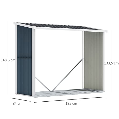 Outsunny Casetilla para Leña Acero Galvanizado Cobertizo Leñero de Almacenamiento de Troncos con Techo Inclinado para Jardín Terraza Exterior 185x84x133,5/148,5 cm Gris