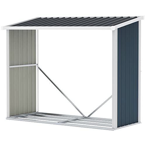 Outsunny Casetilla para Leña Acero Galvanizado Cobertizo Leñero de Almacenamiento de Troncos con Techo Inclinado para Jardín Terraza Exterior 185x84x133,5/148,5 cm Gris