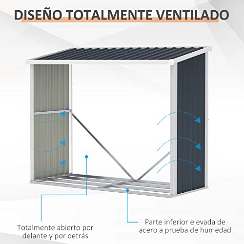 Outsunny Casetilla para Leña Acero Galvanizado Cobertizo Leñero de Almacenamiento de Troncos con Techo Inclinado para Jardín Terraza Exterior 185x84x133,5/148,5 cm Gris