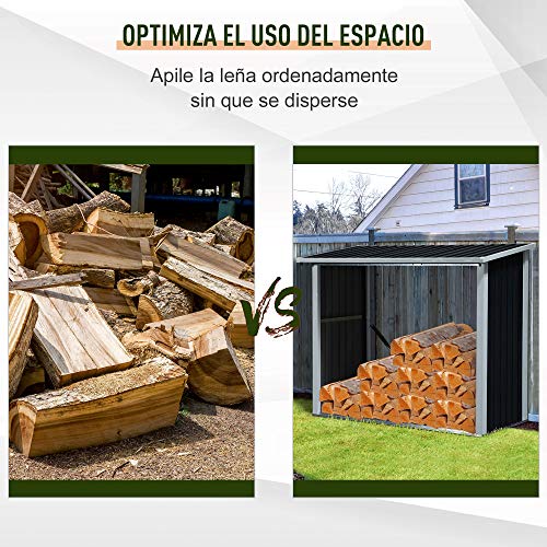 Outsunny Casetilla para Leña de Acero Galvanizado Cobertizo Leñero Almacenaje con Imbornal para Jardín Exteriores con Techo Inclinado 182x89x136/148 cm Gris Oscuro