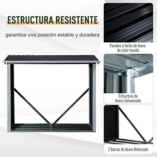 Outsunny Casetilla para Leña de Acero Galvanizado Cobertizo Leñero Almacenaje con Imbornal para Jardín Exteriores con Techo Inclinado 182x89x136/148 cm Gris Oscuro