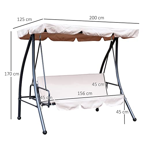 Outsunny Columpio Balancín Jardín 3 Plazas Convertible en Cama Techo Parasol Ajustable Cojín Almohada Jardín Terraza Patio o Aire Libre 200x125x170cm Acero Beige Carga máx. 340kg